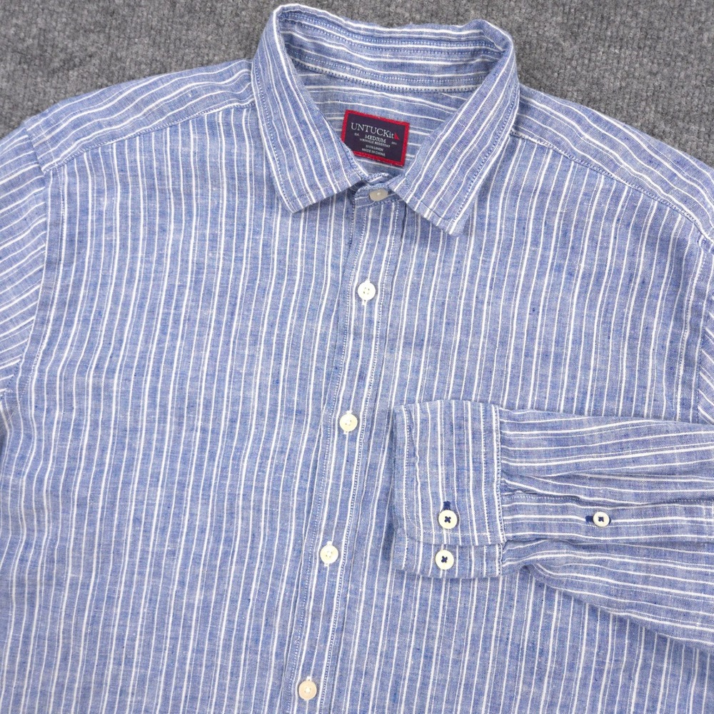 UNTUCKit Linen Shirt Mens M Blue Striped Cavasso Wrinkle Resistant Long Sleeve
